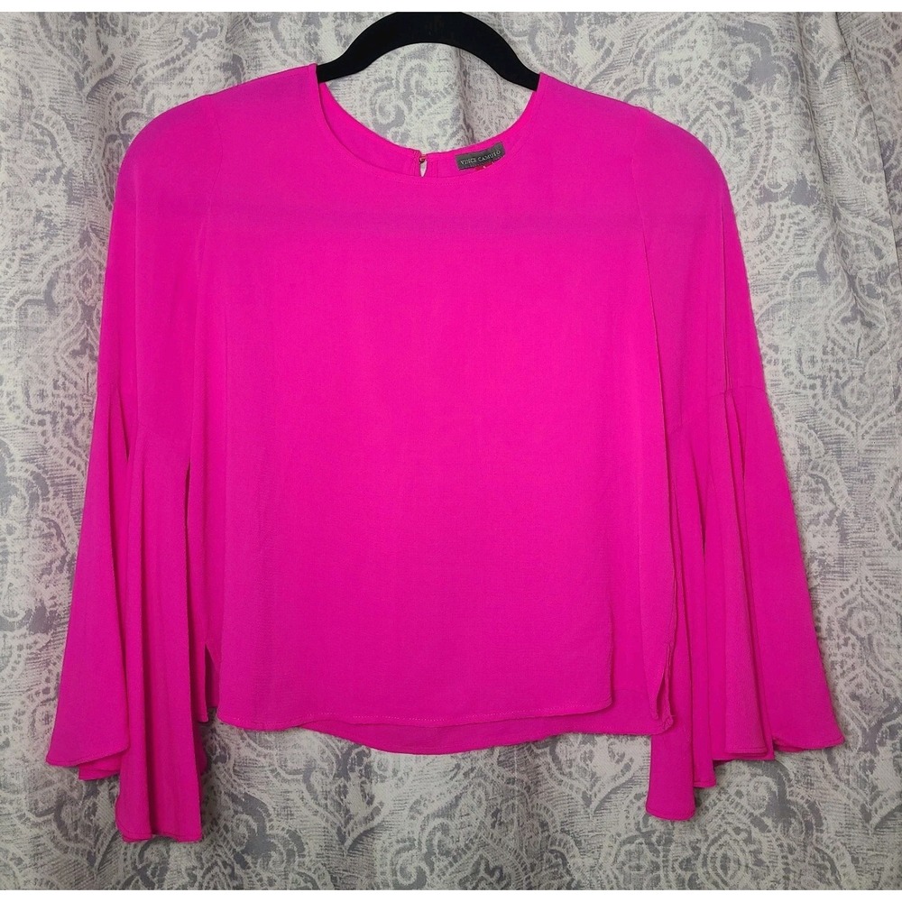 Vince Camuto Blouse Womens S Hot Pink Bell Flare Sleeve Keyhole Top Barbiecore